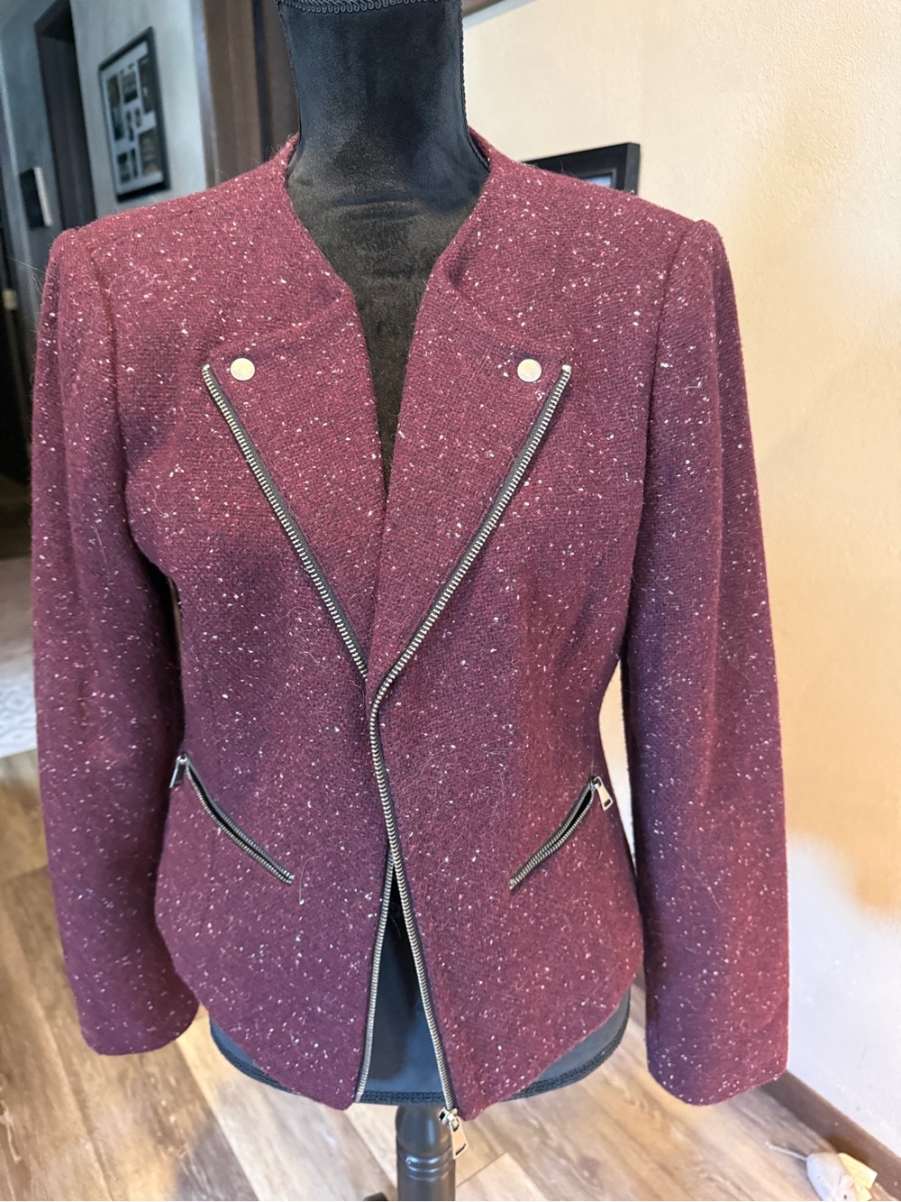 Maroon Tweed Zip-Front Women's Blazer Jacket